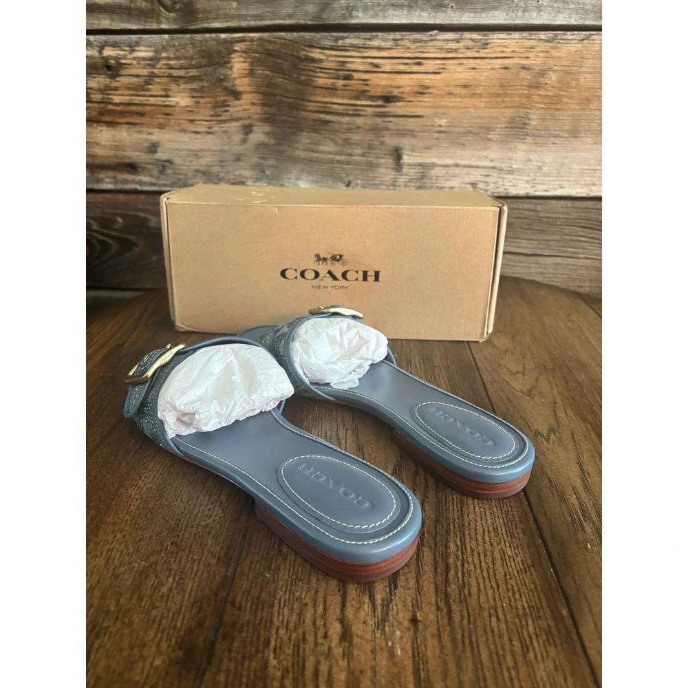 Coach Margit Crystal Denim Flat Sandals Blue Buckle Slides CFA99 Womens 11 B